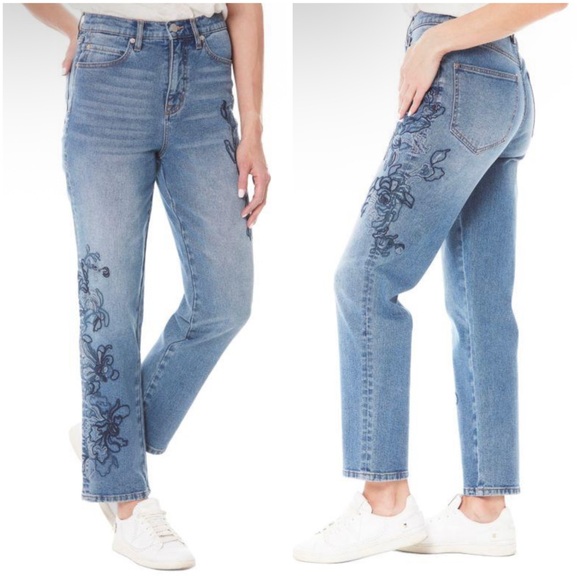 Nicole Miller NWT High-Waisted Embroidered Straight Leg Light Wash Jeans